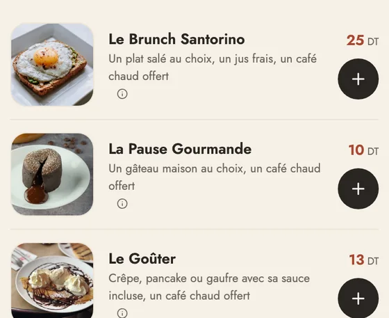 Trois formules avec leur photo et leur prix, sur la carte du client