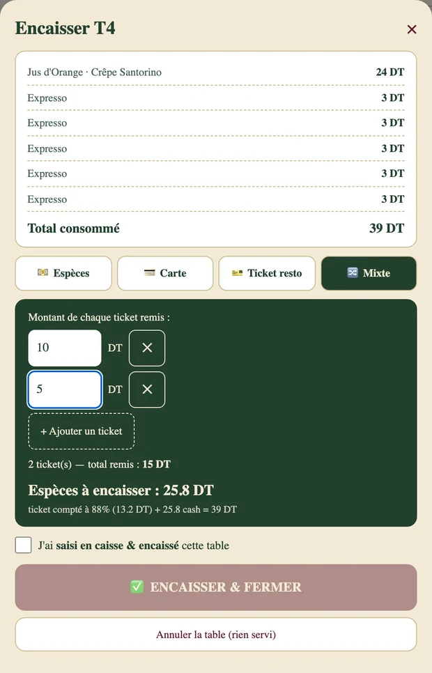 L'écran d'encaissement : deux tickets restaurant de 10 et 5 DT saisis,
               comptés à 88 %, et 25,8 DT restant à encaisser en espèces