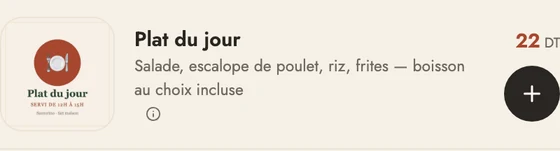 Le plat du jour sur la carte du client, avec la mention « servi de 12 h à 15 h »
